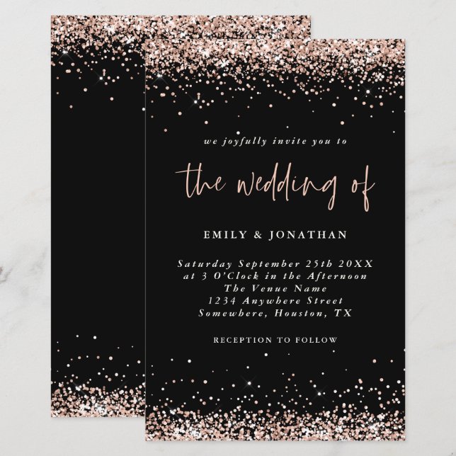 Budget Rose Gold Glitter Wedding Black Invitation (Front/Back)