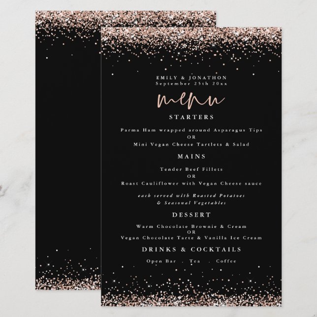 Budget Rose Gold Glitter Wedding Black Menu (Front/Back)