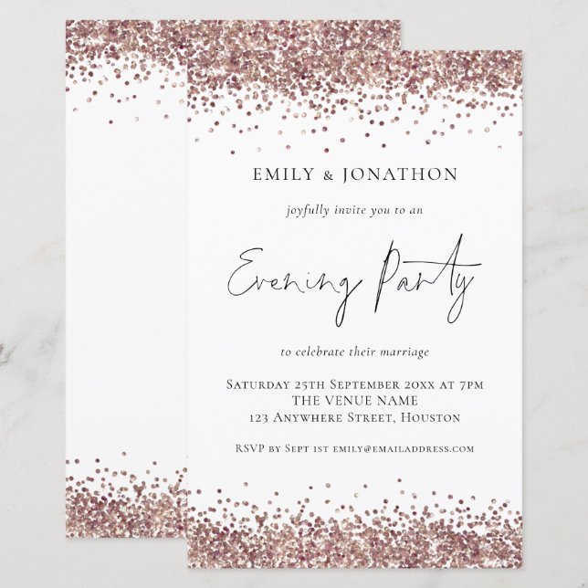 Budget Rose Gold Glitter Wedding Evening  Invite (Front/Back)