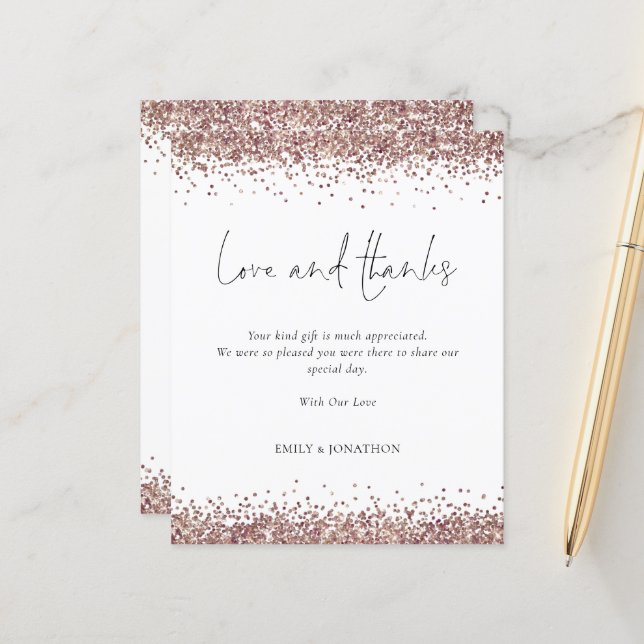 Budget Rose Gold Glitter Wedding Love and Thanks (Front/Back In Situ)