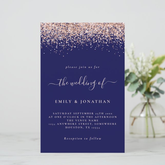 Budget Rose Gold Glitter Wedding Navy Blush Invite (Standing Front)