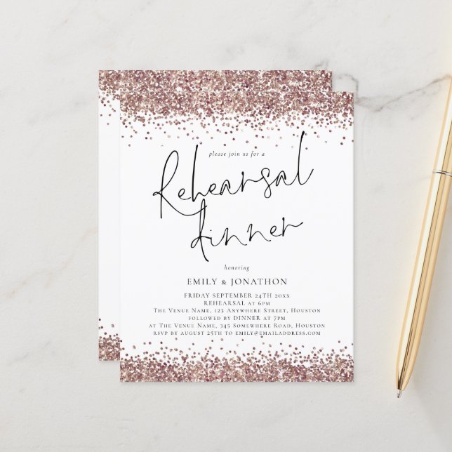 Budget Rose Gold Glitter Wedding Rehearsal Dinner (Front/Back In Situ)