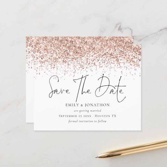 Budget Rose Gold Glitter Wedding Save The Date (Front/Back In Situ)