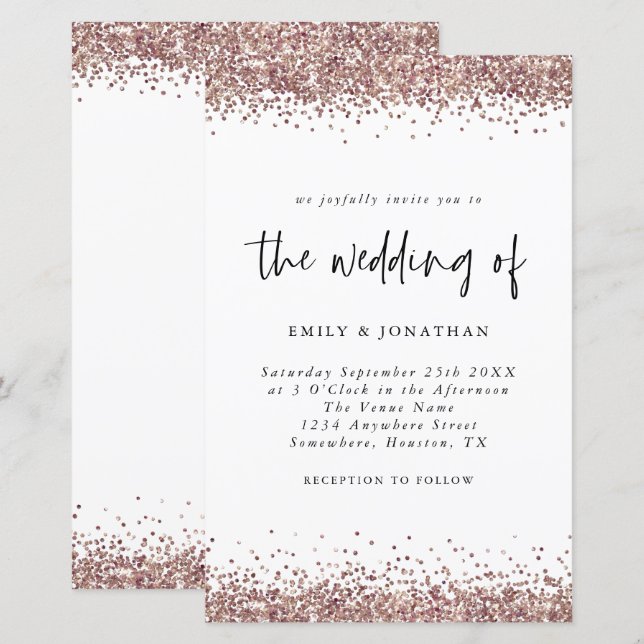 Budget Rose Gold Glitter Wedding White  Invitation (Front/Back)