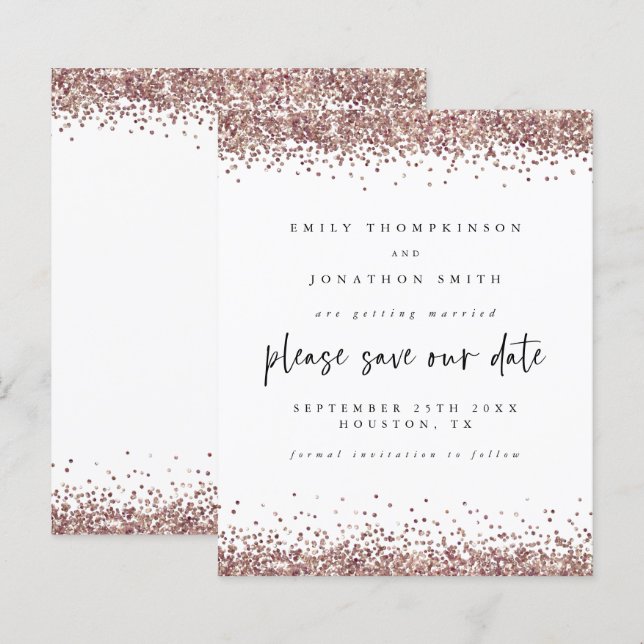 Budget Rose Gold Glitter Wedding White Save Date (Front/Back)