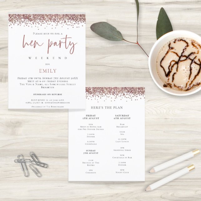 Budget Rose Gold Glitter Weekend Hen Party Invite (Creator Uploaded)
