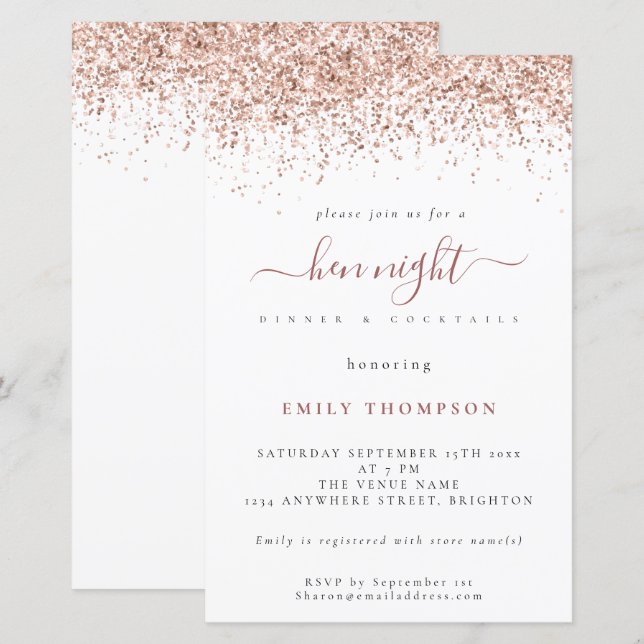 Budget Rose Gold Glitter White Hen Night Invite (Front/Back)