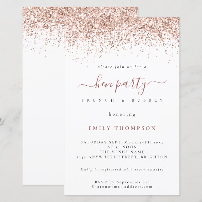Budget Rose Gold Glitter White Hen Party Invite (Front/Back)