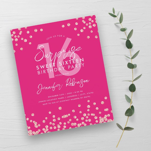 Budget Rose Gold Hot Pink Confetti Sweet 16 Invite (Budget Rose Gold Hot Pink Confetti Sweet 16 Invite)