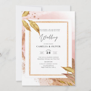 BUDGET Rose Gold Leaves Wedding Invite QR Code