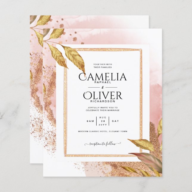 BUDGET Rose Gold Leaves Wedding Invite QR Code (Front/Back)
