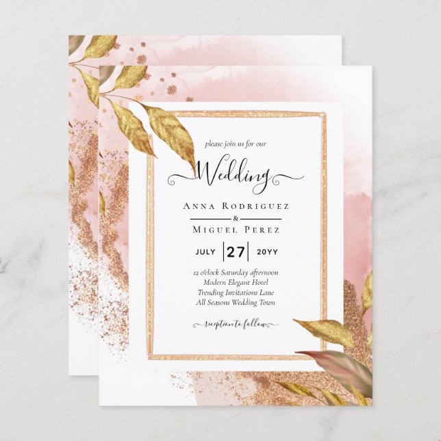 BUDGET Rose Gold Leaves Wedding Invite QR Code (Front/Back)