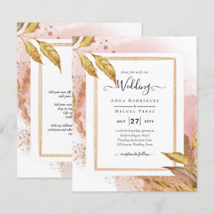 BUDGET Rose Gold Leaves Wedding Invite QR Code