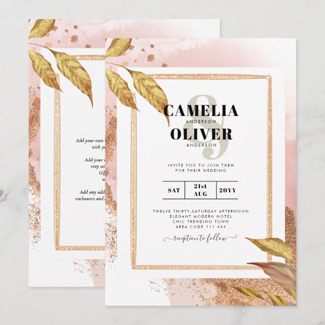 BUDGET Rose Gold Leaves Wedding Invite QR Code (Front/Back)