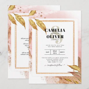 BUDGET Rose Gold Leaves Wedding Invite QR Code