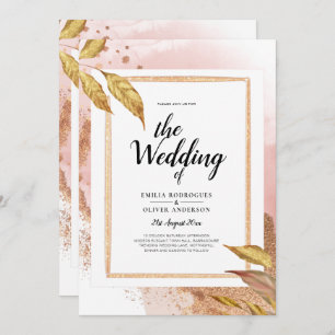 BUDGET Rose Gold Leaves Wedding Invite QR Code