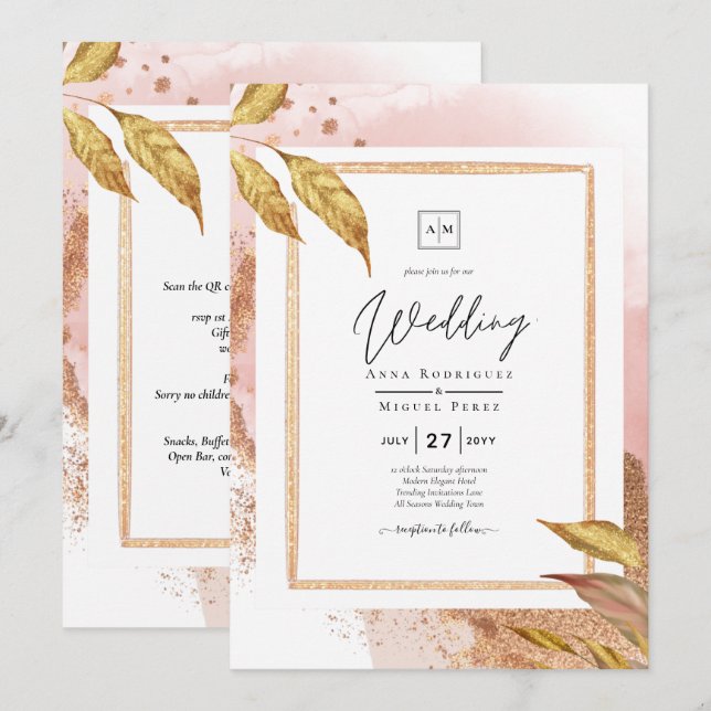 BUDGET Rose Gold Leaves Wedding Invite QR Code (Front/Back)