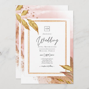BUDGET Rose Gold Leaves Wedding Invite QR Code