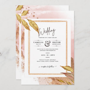 BUDGET Rose Gold Leaves Wedding Invite QR Code