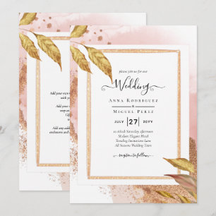 BUDGET Rose Gold Leaves Wedding Invite QR Code