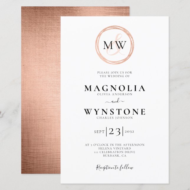 Budget Rose Gold Monogram Wedding Invitation (Front/Back)