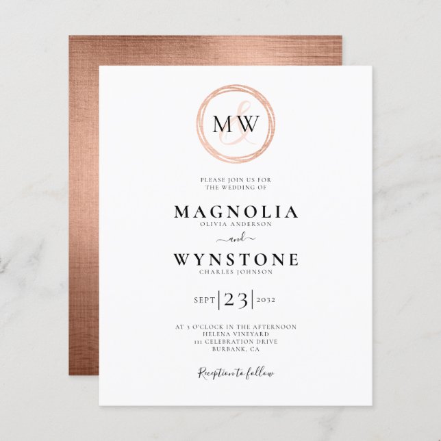 Budget Rose Gold Monogram Wedding Invitation (Front/Back)