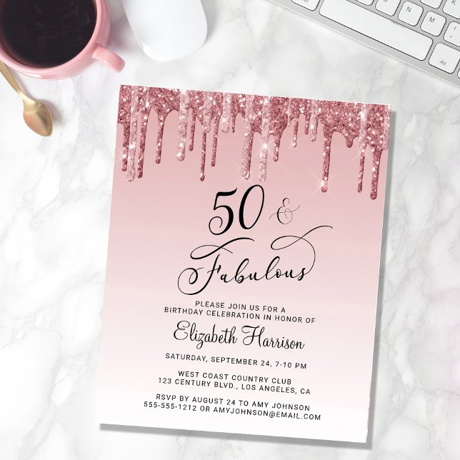 Budget Rose Gold Pink Glitter 50th Birthday Invite (Creator Uploaded)