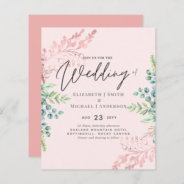 BUDGET Rose Gold Sage Eucalyptus Greenery Invites (Front/Back)