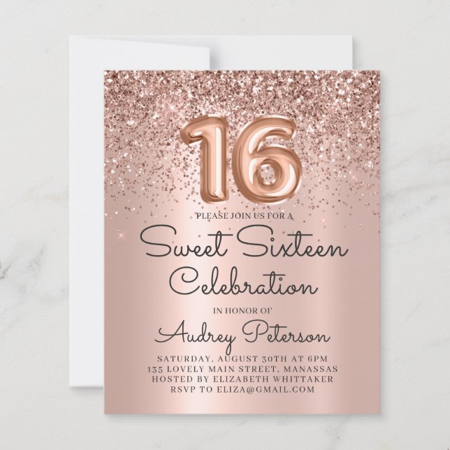 Budget Rose Gold Sweet Sixteen Birthday Invite (Front)