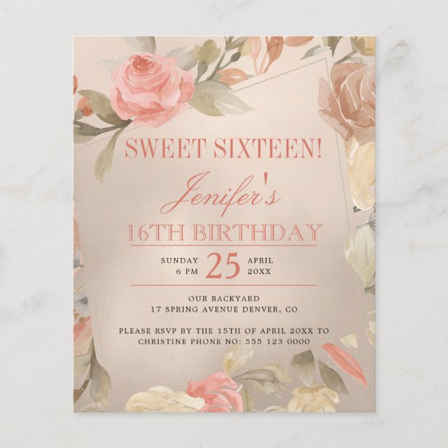 Budget rose gold Sweet Sixteen photo Invitation (Front)
