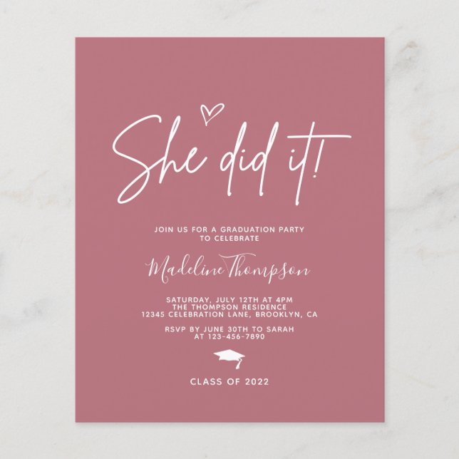 Budget Rose Pink Heart She did it Graduation (Front)