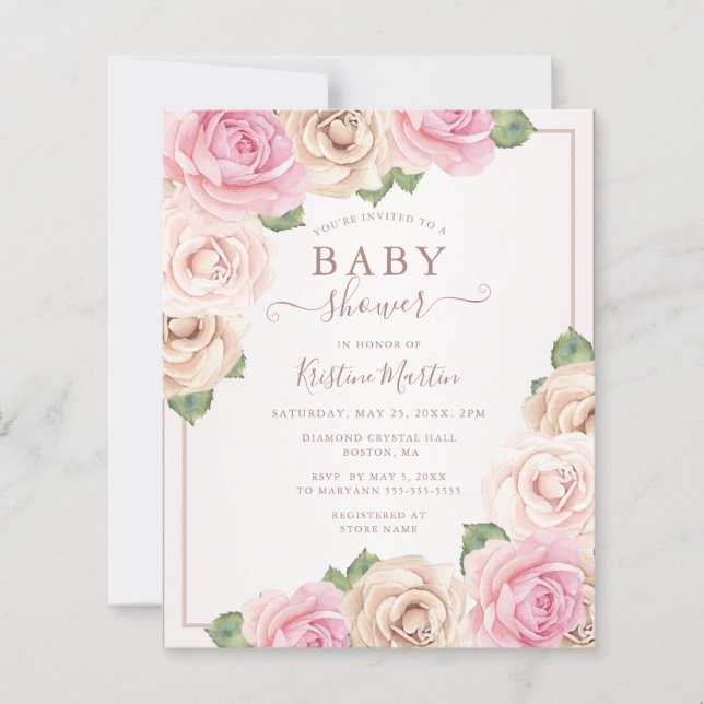 Budget Rose Watercolor Floral Baby Shower Invite (Front)