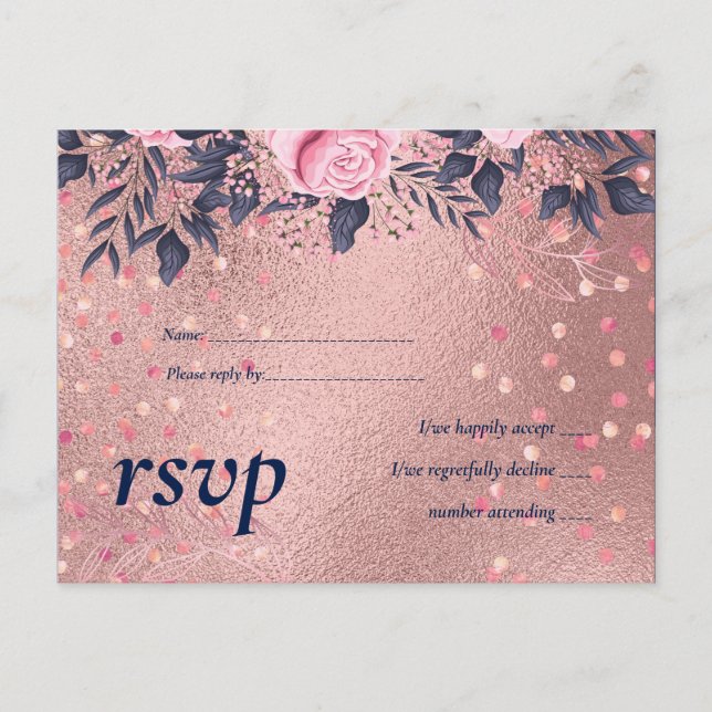 BUDGET Rosegold Blue Pink WEDDING Girly Glam Invitation Postcard (Front)