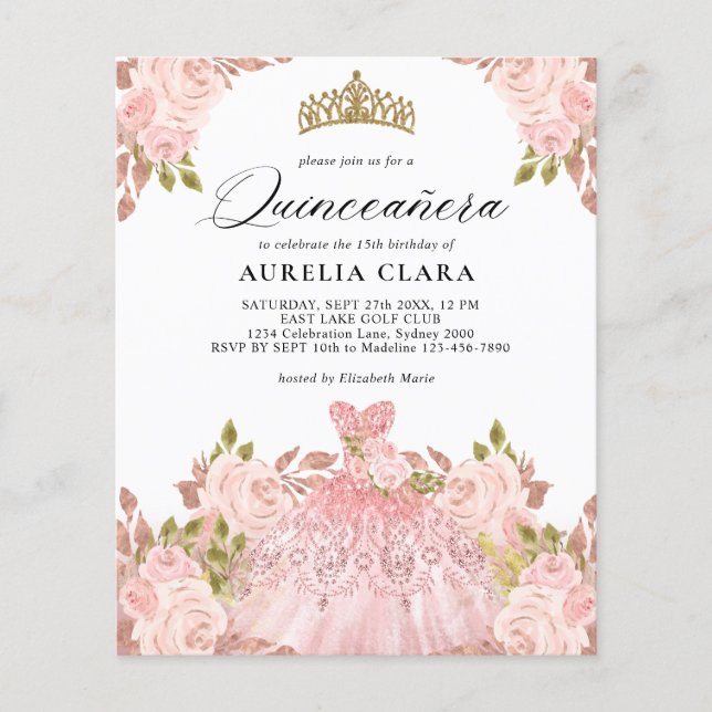 BUDGET Rosegold Pink Dress Floral 15th Quinceañera (Front)