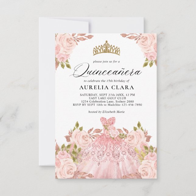 BUDGET Rosegold Pink Dress Floral 15th Quinceañera Card (Front)