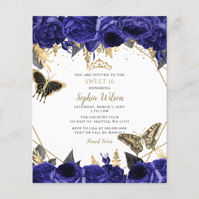 Budget Royal Blue Butterfly Sweet 16 Invitation (Front)