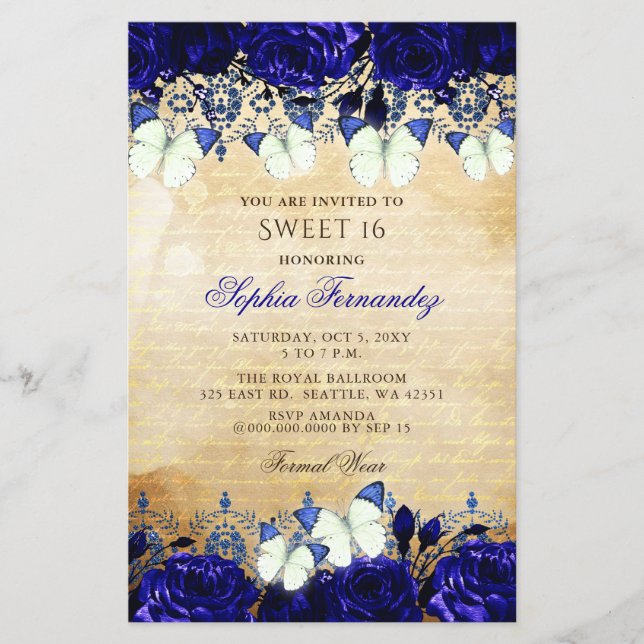 Budget Royal Blue Butterfly Sweet 16 Invitation (Front)