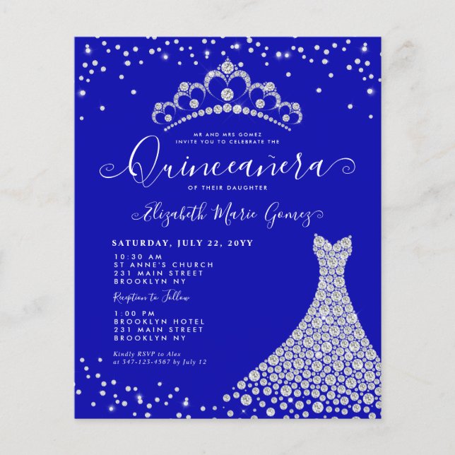 Budget Royal Blue Diamond Sparkle Glam Quinceanera (Front)