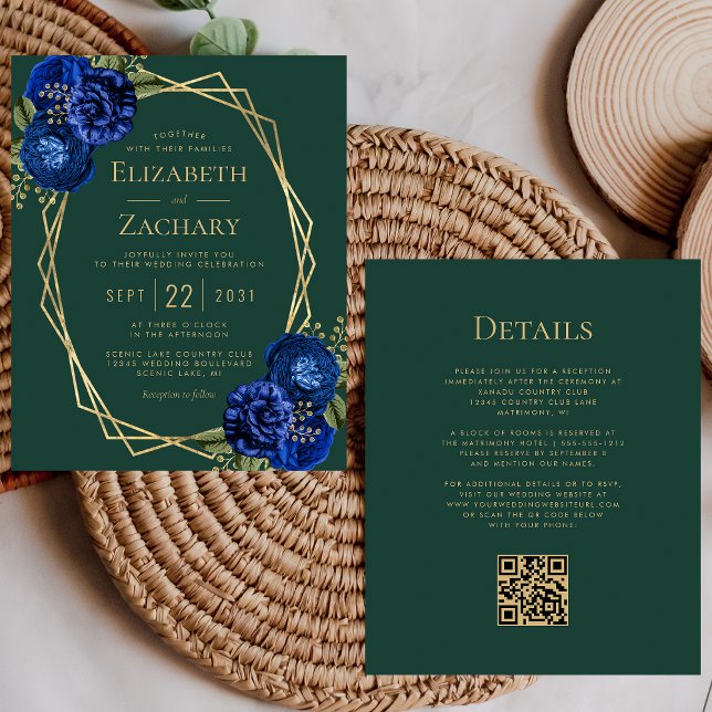 Budget Royal Blue Floral Green QR Code Wedding (Creator Uploaded)