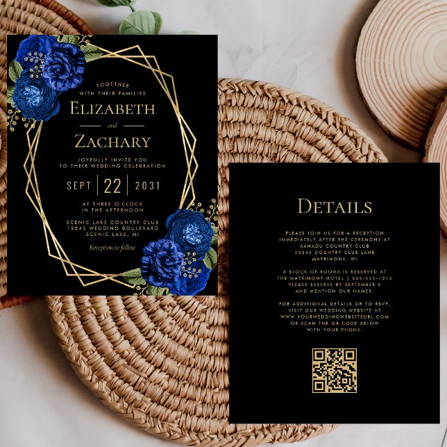 Budget Royal Blue Floral QR Code Black Wedding (Creator Uploaded)