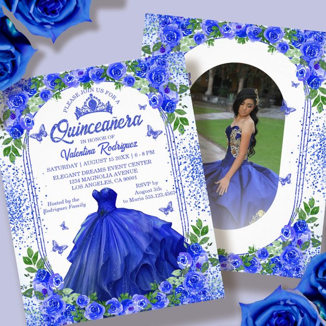 Budget Royal Blue Floral Quinceanera Invitation Flyer (Budget Blue Floral Quinceanera Invitation Flyer)