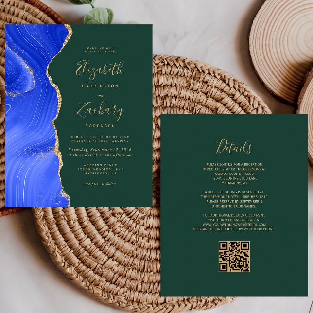 Budget Royal Blue Gold Agate Green QR Code Wedding (Creator Uploaded)