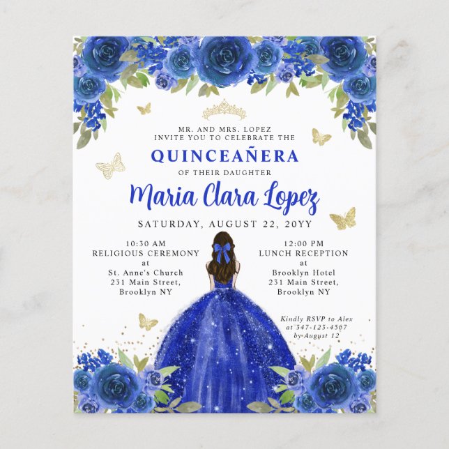 Budget Royal Blue Gold Floral Princess Quinceanera (Front)