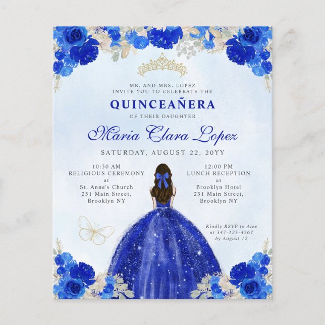 Budget Royal Blue Gold Floral Princess Quinceañera (Front)