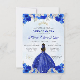 Budget Royal Blue Gold Floral Princess Quinceañera Card