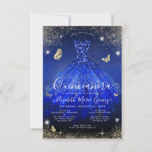 Budget Royal Blue Gold Glitter Gown Quinceanera Card