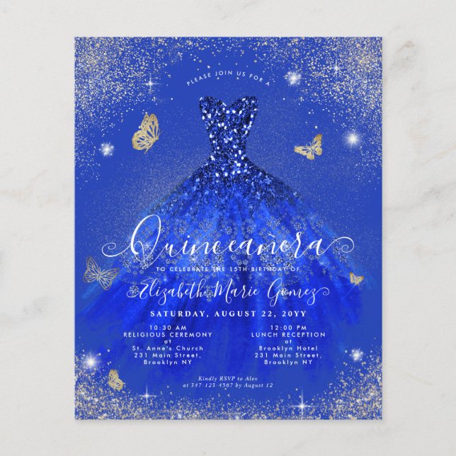 Budget Royal Blue Gold Gown Quinceanera Invite (Front)