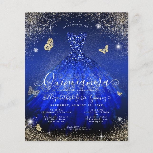 Budget Royal Blue Gold Gown Quinceanera Invite (Front)