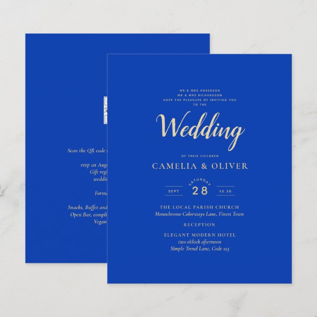Budget Royal Blue Monochrome Wedding INVITE (Front/Back)