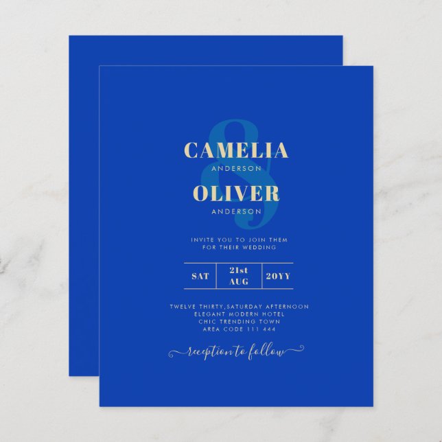 Budget Royal Blue Monochrome Wedding INVITE (Front/Back)